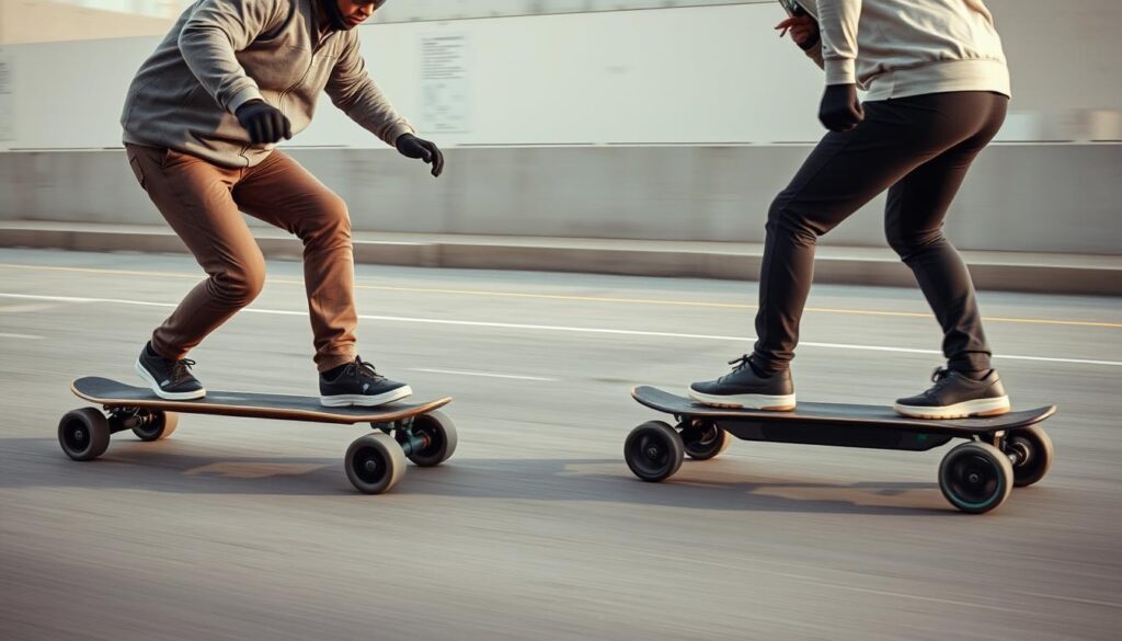 Action shot of riders testing both the Evolve Bamboo GT and Meepo V3 electric skateboards on urban streets Action shot of riders testing both the Evolve Bamboo GT and Meepo V3 electric skateboards on urban streets
