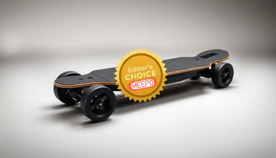 Editor's Choice badge on the Meepo V3 electric skateboard highlighting its value proposition