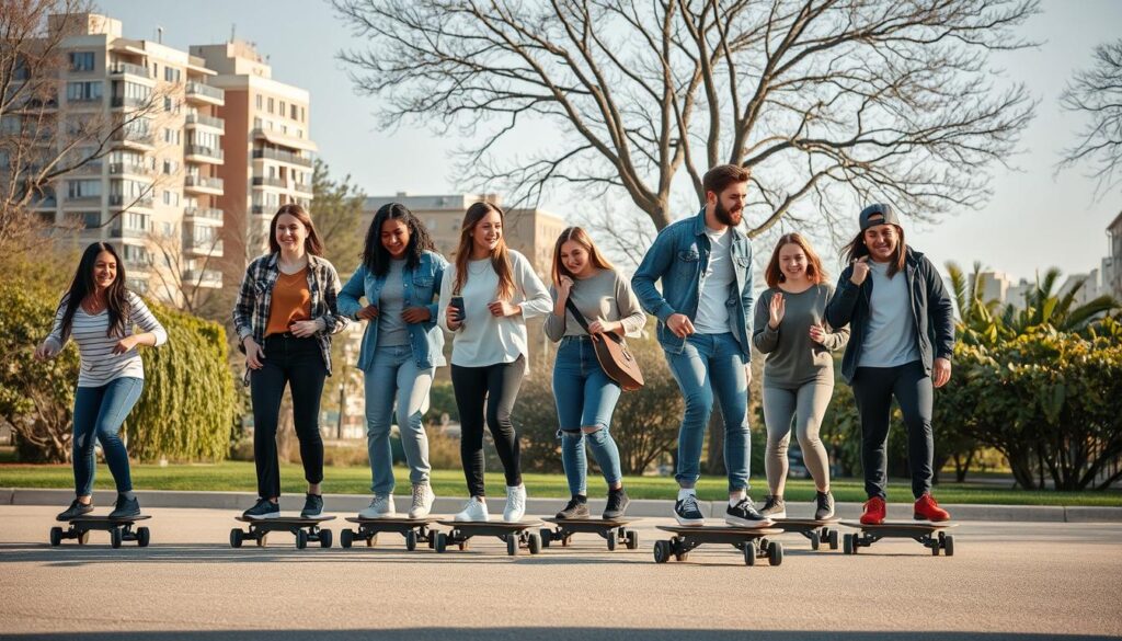 Group of electric skateboard enthusiasts riding both Evolve and Meepo boards together Group of electric skateboard enthusiasts riding both Evolve and Meepo boards together