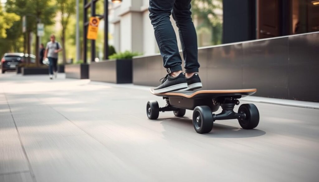 Meepo V3 electric skateboard being ridden on a smooth urban path showing its sleek design Meepo V3 electric skateboard being ridden on a smooth urban path showing its sleek design