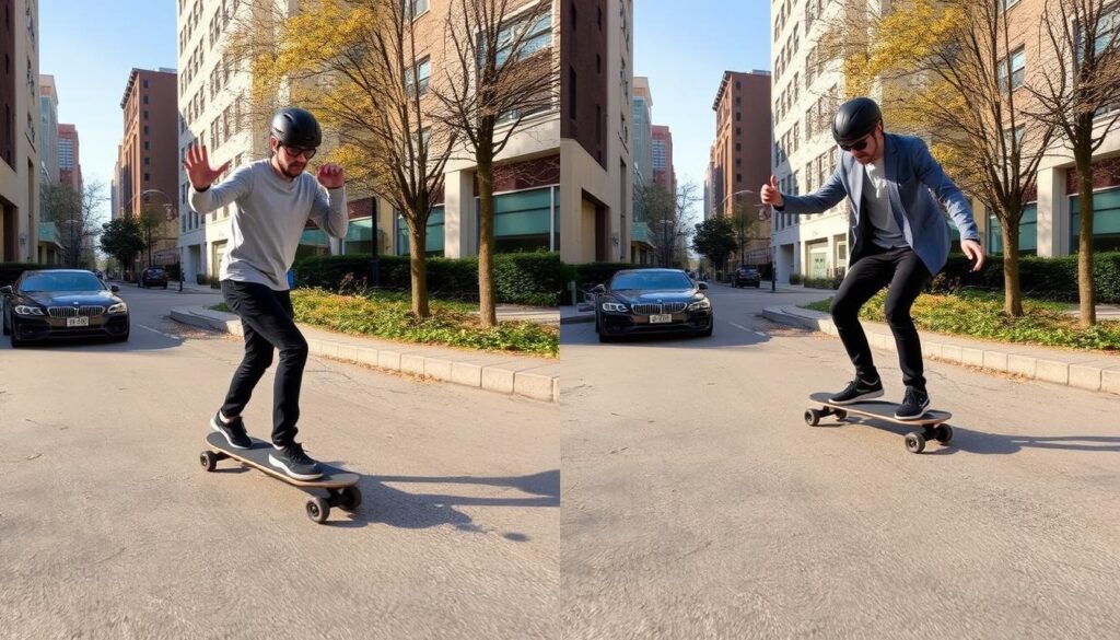 Split screen comparison showing both Evolve Bamboo GT and Meepo V3 electric skateboards in action Split screen comparison showing both Evolve Bamboo GT and Meepo V3 electric skateboards in action
